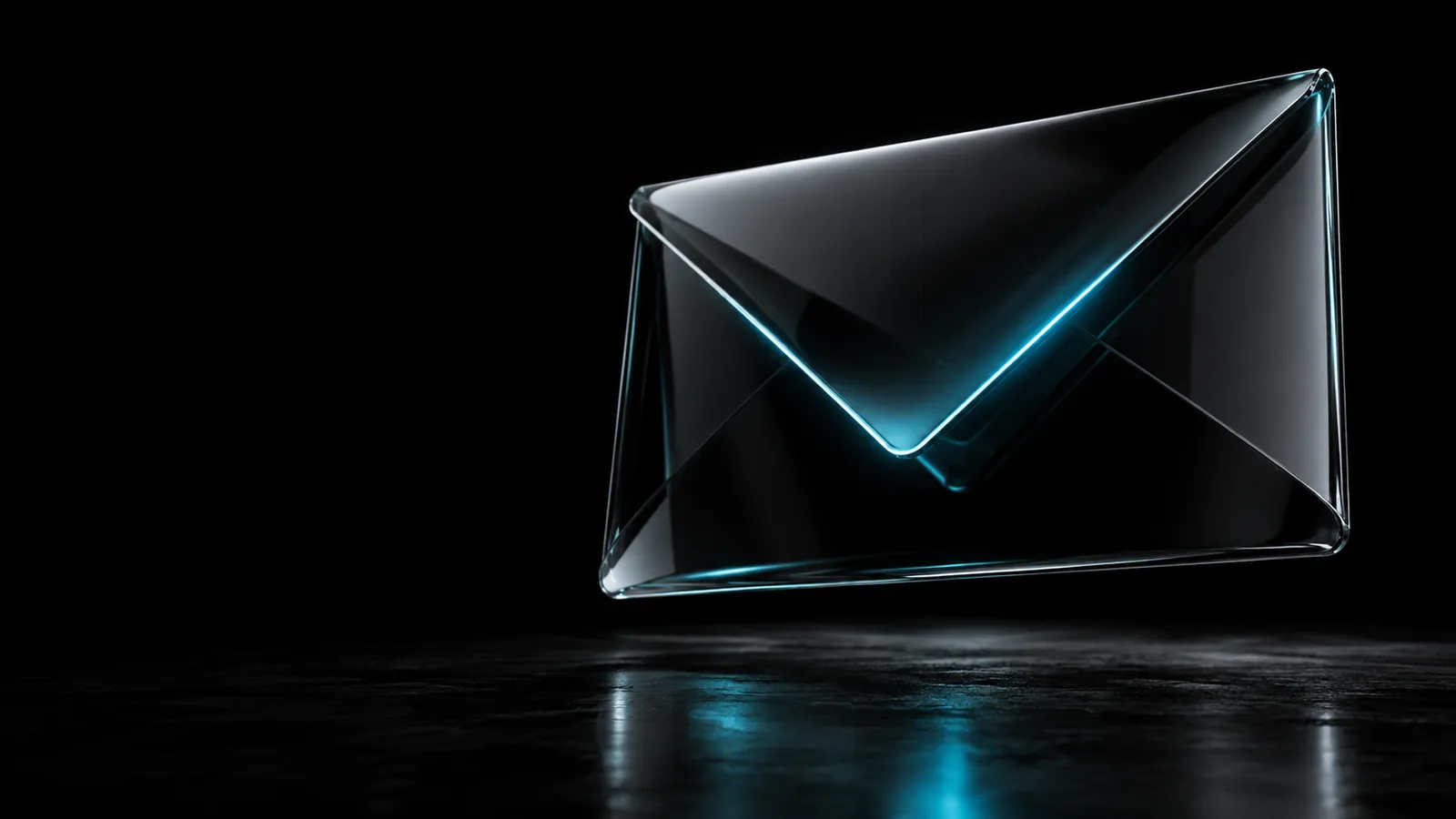 Smoked black glass folded like an envelope with a cyan edge, for B2B email marketing