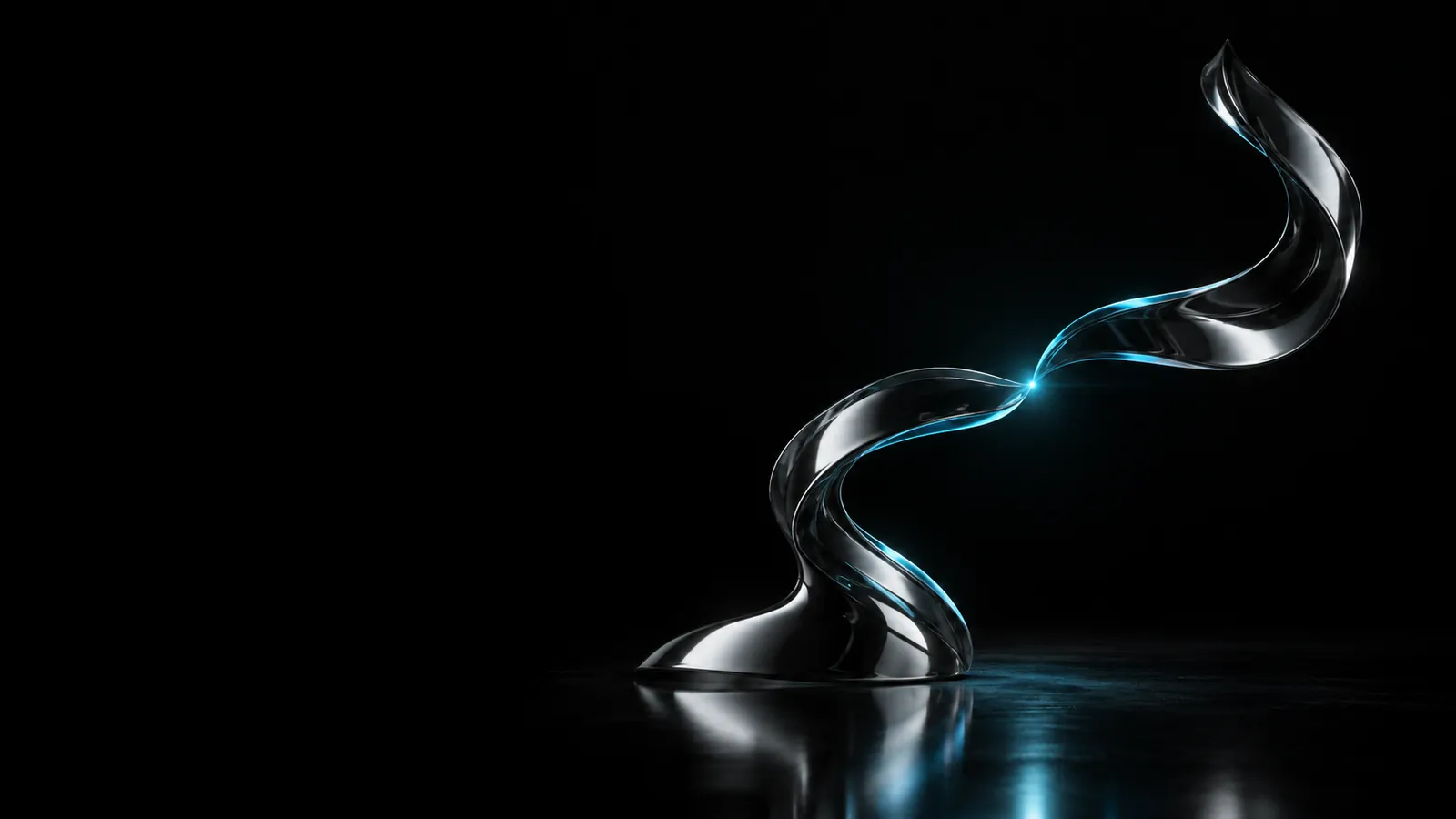 Two liquid chrome ribbons meeting at a point of cyan light, illustrating the Engage rung