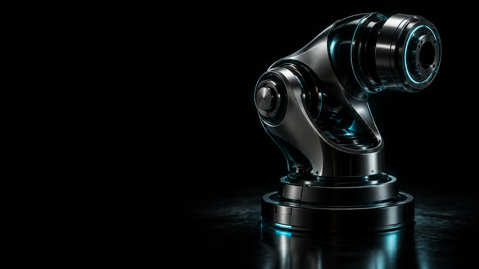 A polished chrome articulated joint with cyan rim light, illustrating the industrial automation case study