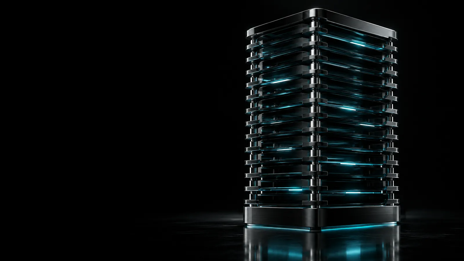 A stack of smoked glass blades with cyan light between them, illustrating the IT and technology case study