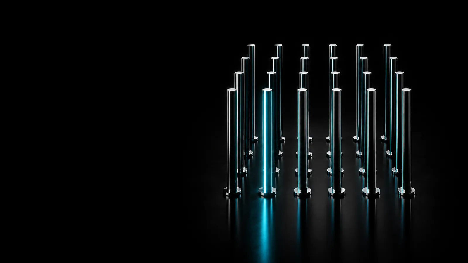 A grid of black chrome rods with one lit cyan, for outsourced SDR and business development