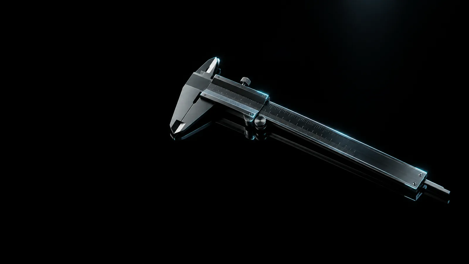 A black chrome caliper on glass with cyan rim light, for the Lets Elevate Quality Commitment
